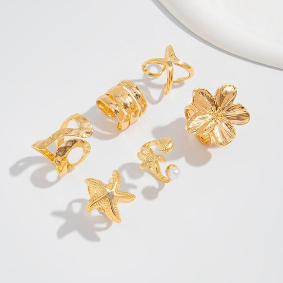 Women Gold Rings Set Stackable Knuckle Flower Pearl Chunky Statement Fashion - Picture 7 of 7